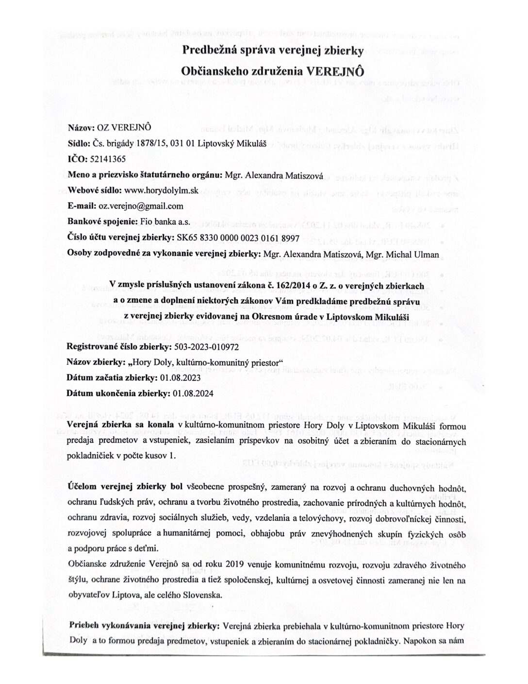 Predbežná správa verejnej zbierky 2023-2024