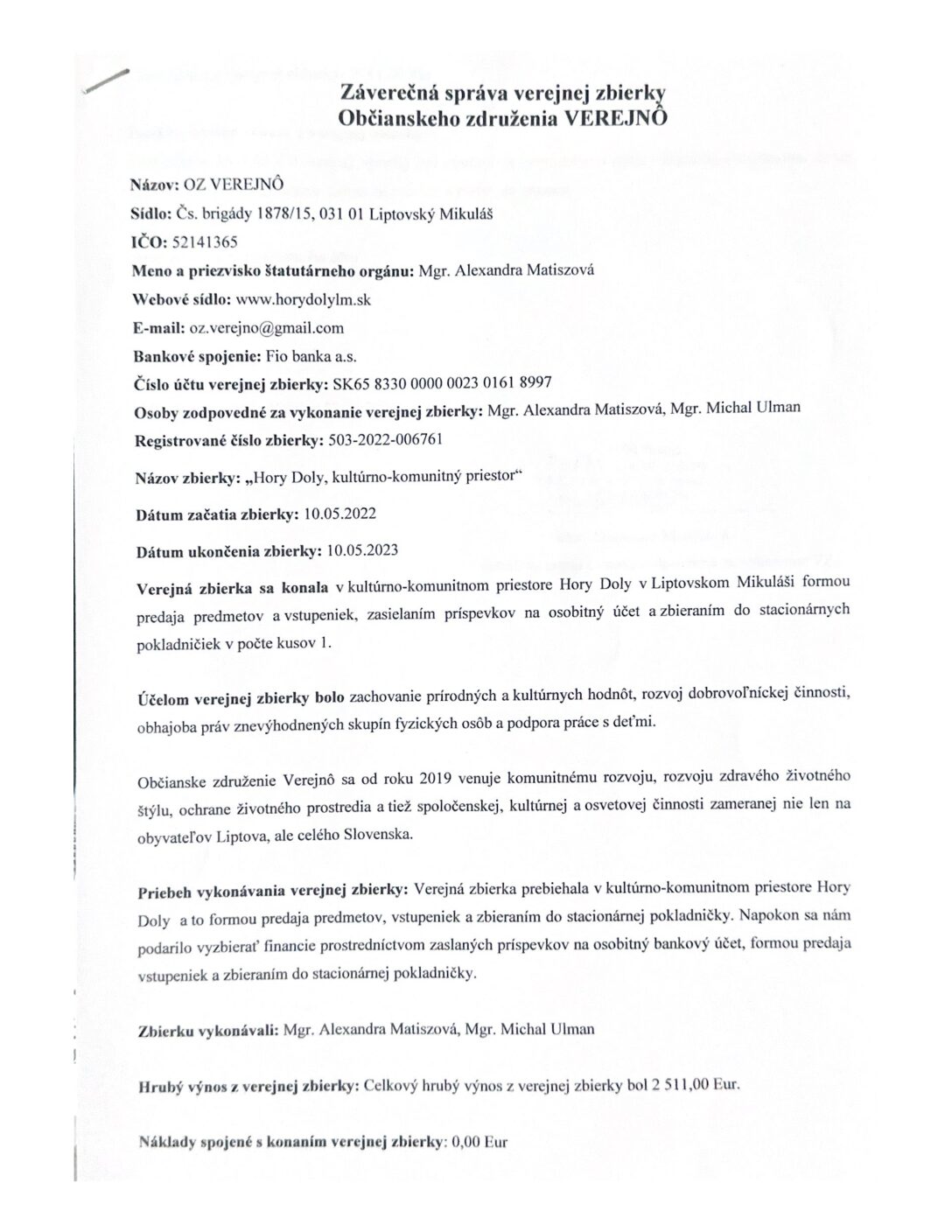 Záverečná správa verejnej zbierky 2022-2023