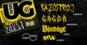 Pogo party v priestore Hory Doly v Liptovskom Mikuláši s kapelami Kazostroj, Gáč, Blamage a MW, konajúci sa 21. júna 2025 o 18:00, podporujúci komunitné akcie a dobrovoľníctvo.