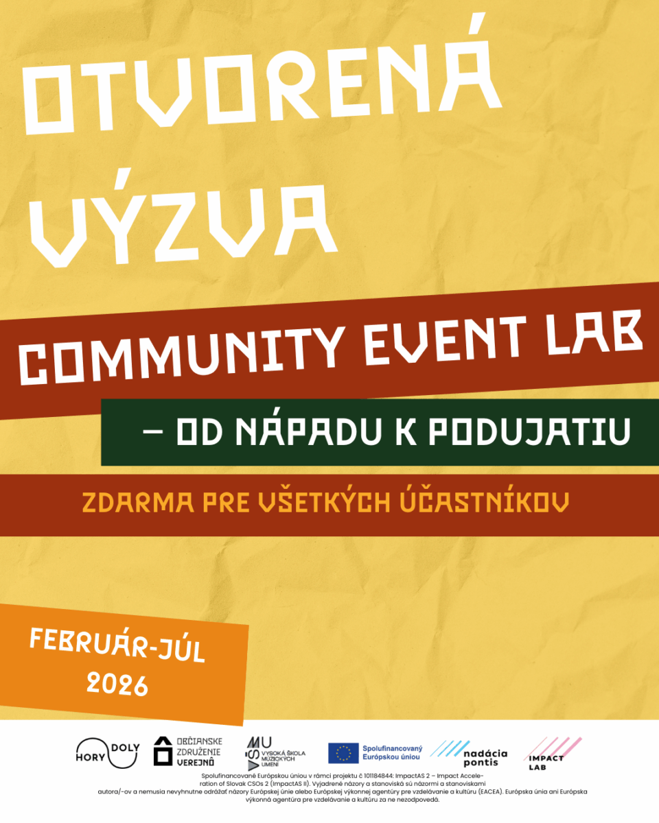 Tri swapy pre príchod Vianoc a štefánsky koncert Alt text: Plagát s názvom "Otvorená výzva" pre komunitný event lab v kultúrno-komunitnom priestore Hory Doly v Liptovskom Mikuláši, ktorý pozýva účastníkov na bezplatný program od februára do júla 2026.