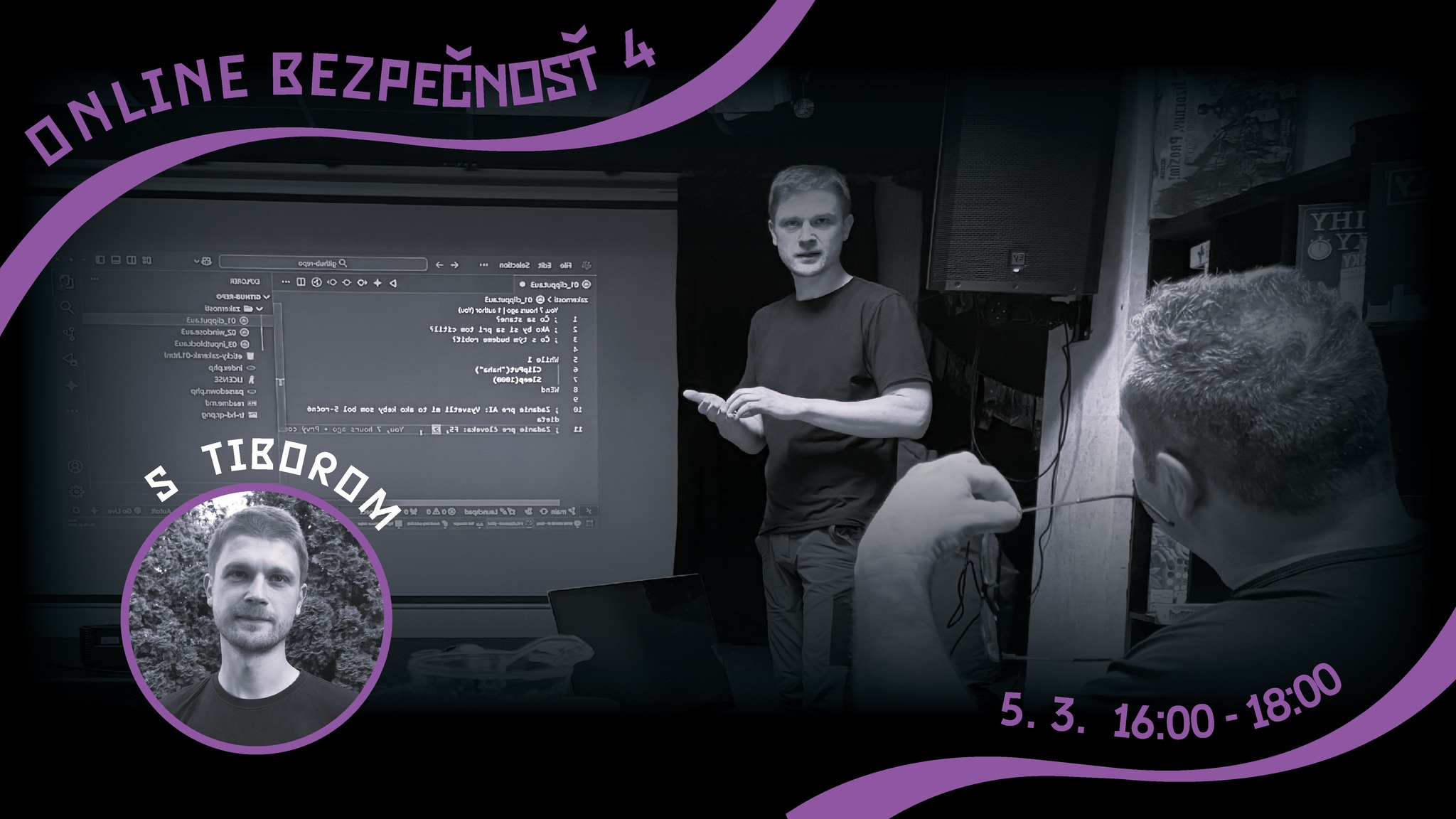 Klubovňa s Michalom Barbierom, workshop moderovania aj háčkovanie – taký bude marec v Hory Doly Alt text: "Tibor prezentuje tému online bezpečnosti v kultúrno-komunitnom dobrovoľníckom priestore Hory Doly v Liptovskom Mikuláši, 5. marca od 16:00 do 18:00. V pozadí je zobrazený počítač s kódom."
