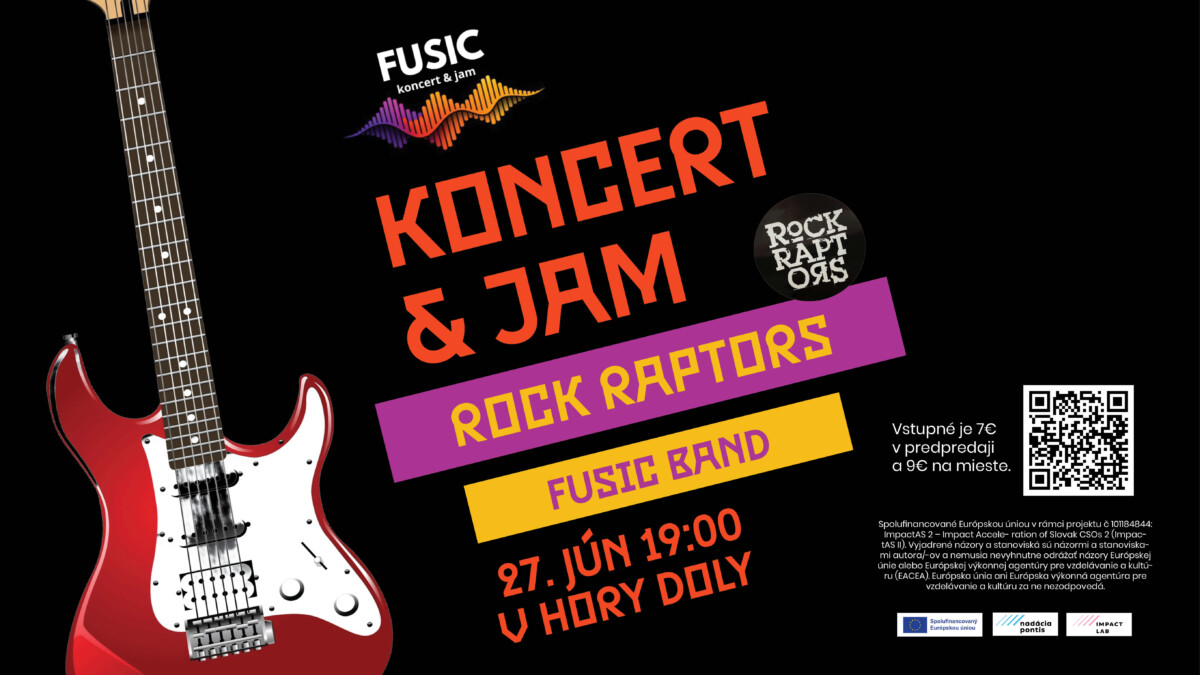 Výprava do Nepálu, hudobné koncerty aj tvorivé workshopy - takto si užijeme jún v Hory Doly Alt text: Plagát na koncert a jam session s názvom "KONCERT & JAM" v kultúrno-komunitnom priestore Hory Doly, prezentujúci kapely Rock Raptors a Fusic Band. Udalosť sa koná 27. júna o 19:00, vstupné je 7€ v predpredaji a 9€ na mieste.