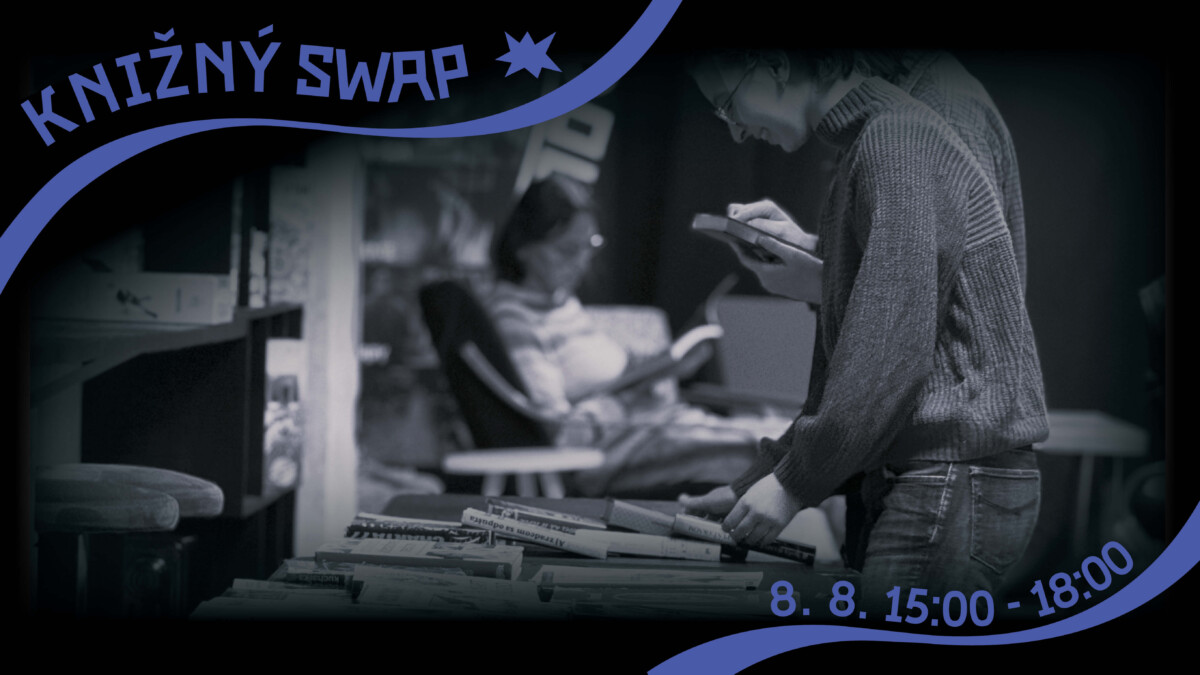 August v Hory Doly prinesie MuzArt, Knižný swap aj Vymenenô #66 Alt text: "Účastníci knižného swapu v kultúrno-komunitnom priestore Hory Doly v Liptovskom Mikuláši, 8. augusta, od 15:00 do 18:00. Na obrázku je vidieť osobu, ktorá prezerá knihy, zatiaľ čo v pozadí sa iný účastník relaxuje s knihou."